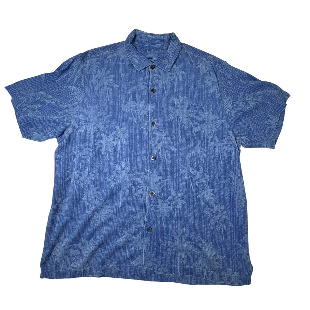 Tommy Bahama Mens XXL Blue 100% Silk Palm Tree Jacquard Camp Shirt Button Down